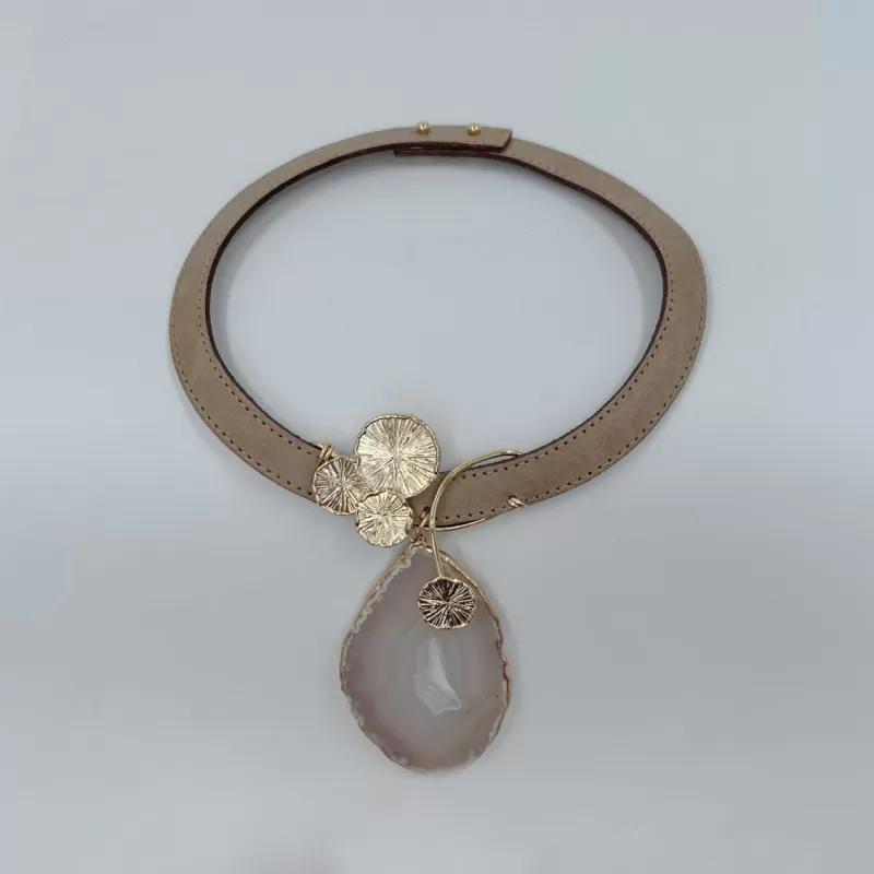 Venüs Mini Tris Gold Taşlı Vizon Derili Tasma