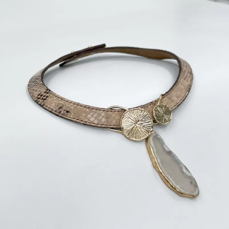 Venüs Due Gold Taşlı Baskılı Vizon Derili Tasma