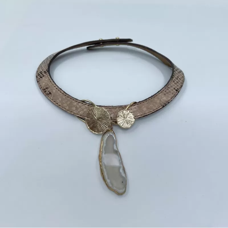 Venüs Due Gold Taşlı Baskılı Vizon Derili Tasma