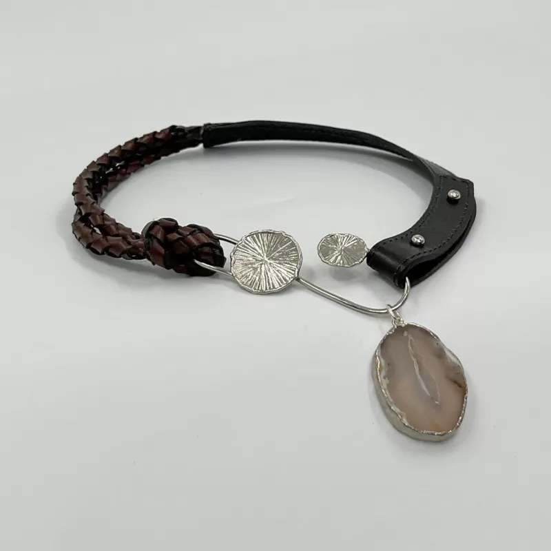 Venüs Due Gümüş Kahve Örgü Derili Kolye