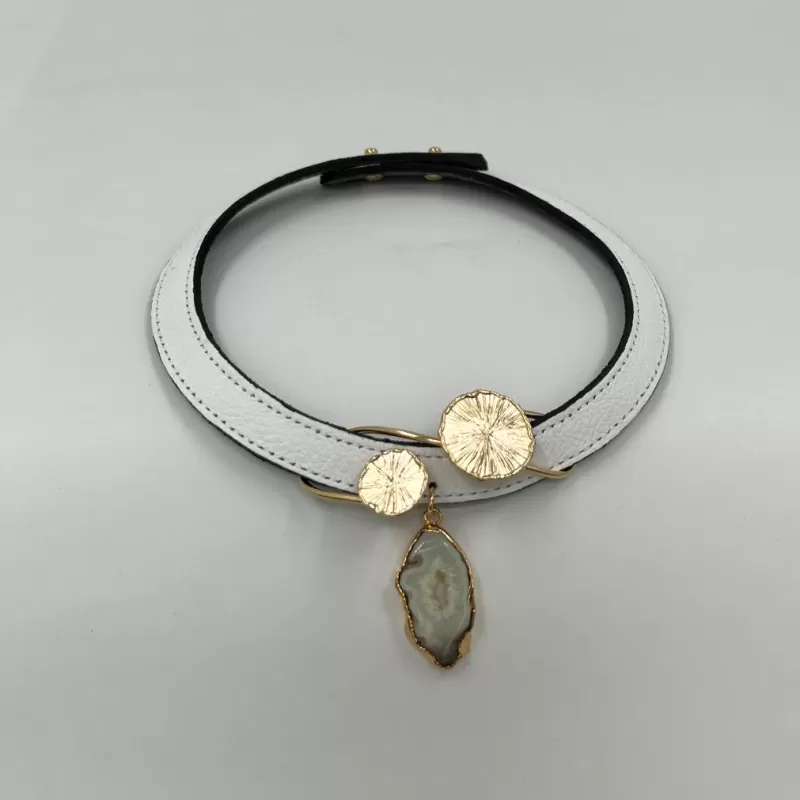 Venüs Due Gold Taşlı Beyaz Derili Tasma