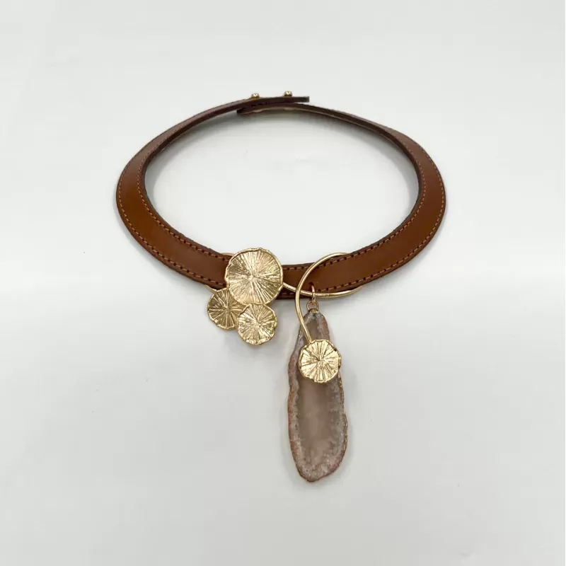 Venüs Mini Tris Gold Taşlı Camel Derili Tasma