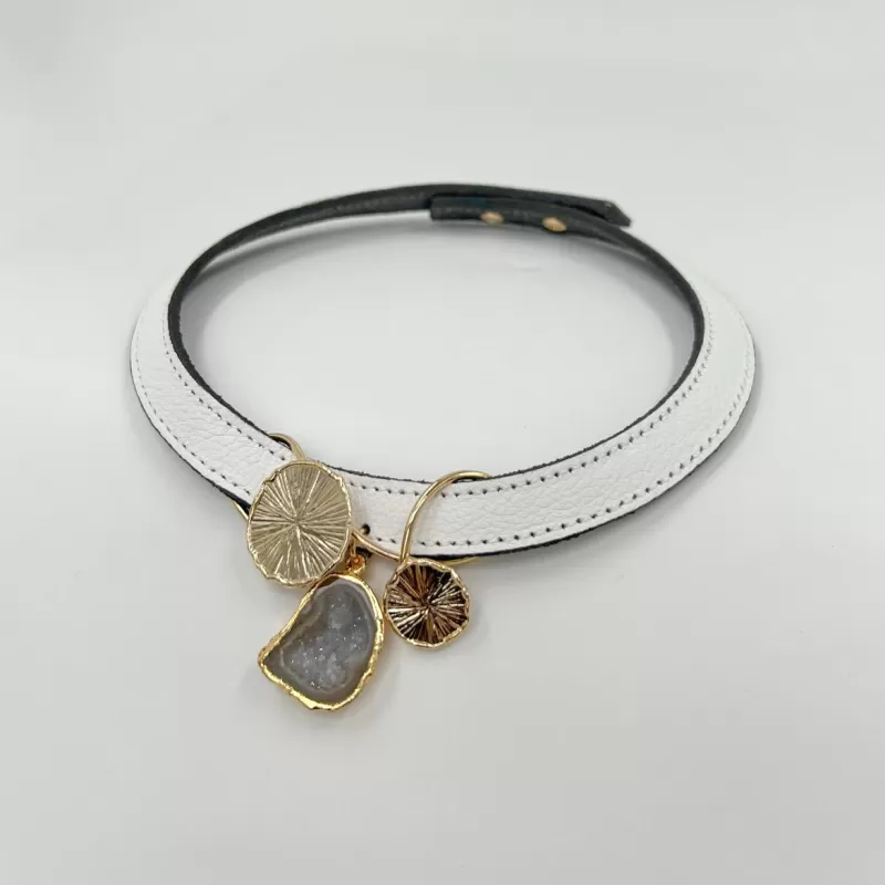 Venüs Due Gold Taşlı Beyaz Derili Tasma