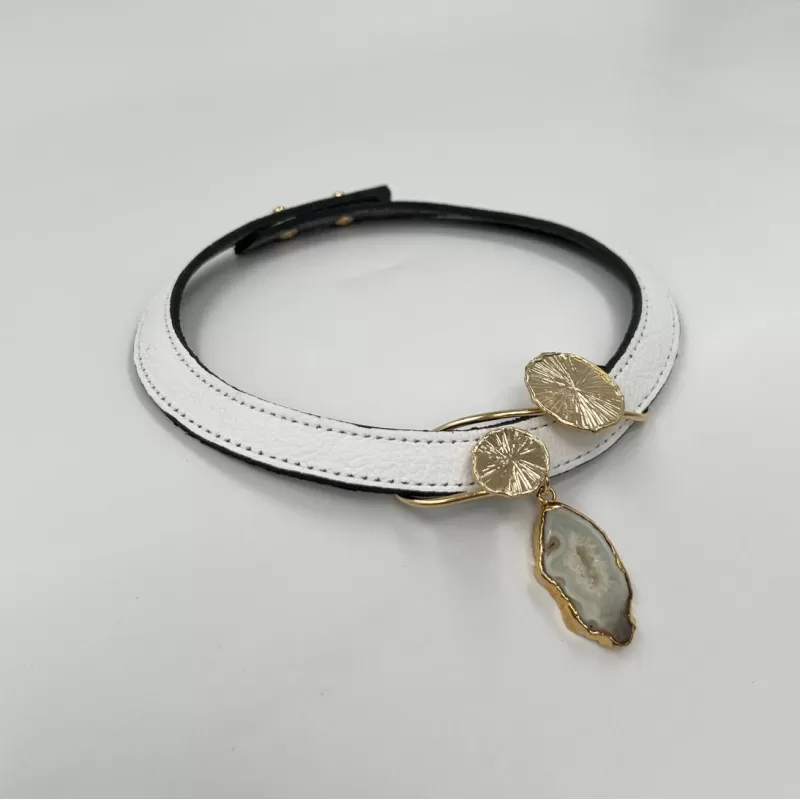 Venüs Due Gold Taşlı Beyaz Derili Tasma